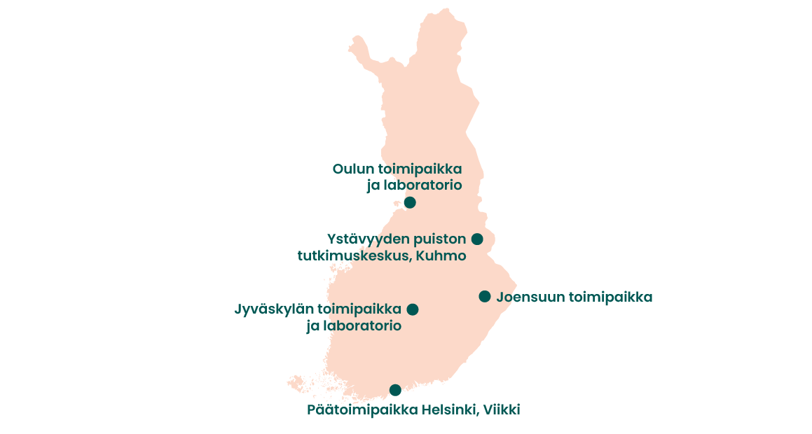 Suomen ympäristökeskuksen toimipisteet sijoitettuna Suomen kartalle.